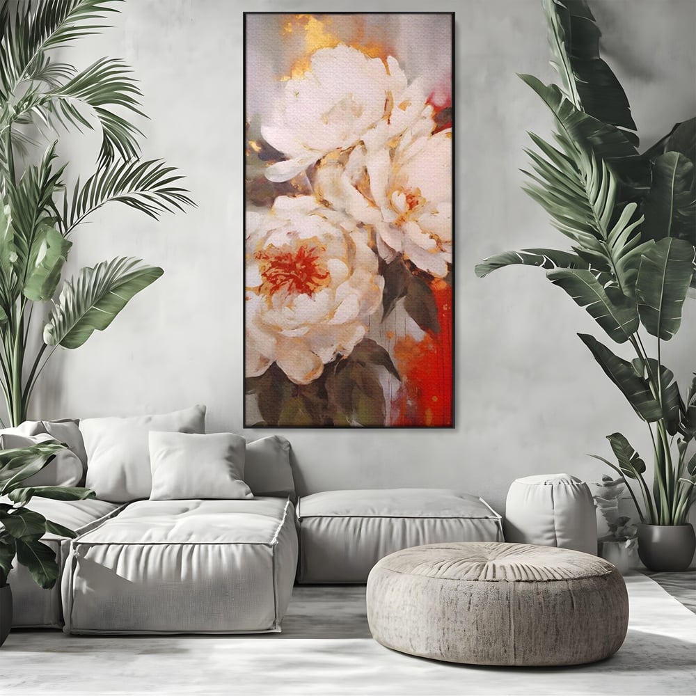 Tablou canvas cu tablou canvas cu bujori albi pictati, in rama de aluminiu negru, pe perete intr-un living